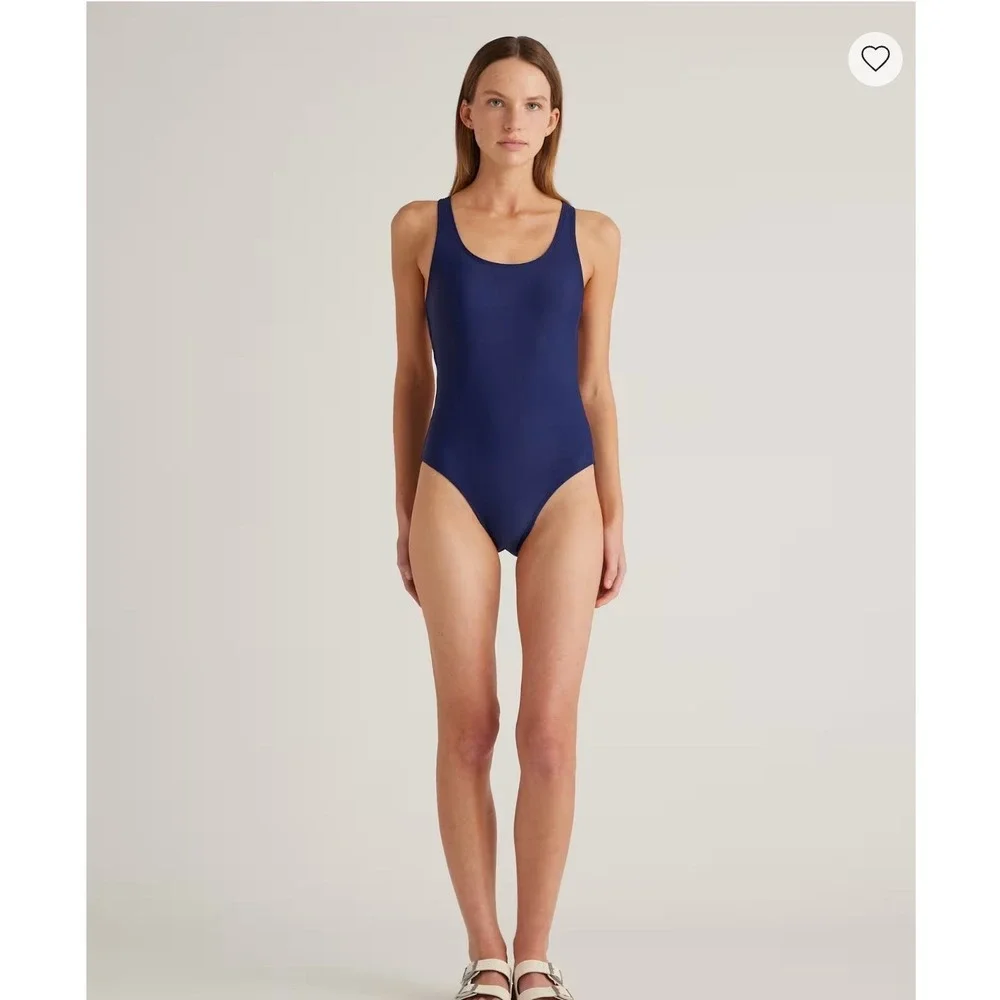 Quince Italian One-Piece Swimsuit Womens Size M Navy Blue Crossback Adjustable